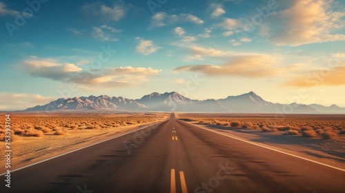 Open road in desert, vast landscape with bottom copy space