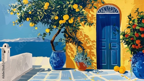 Colorful Santorini flowers and lemons embody an English cottage style with vibrant hues. © wpw