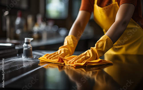 The housekeeper cleans the dining table in the apartment.