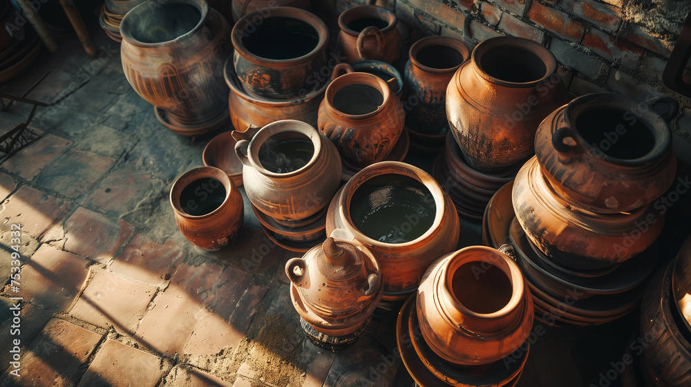 Overhead array of traditional terra cotta pots, showcasing the rustic charm and distressed textures of natural ceramics - obrazy, fototapety, plakaty 