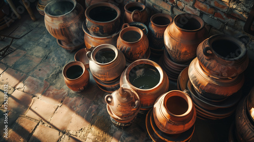 Overhead array of traditional terra cotta pots, showcasing the rustic charm and distressed textures of natural ceramics photo