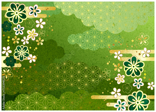 桜、麻の葉模様、和柄、和風、背景、イラスト、かわいい、横型、緑