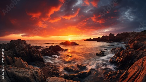 Rocky shoreline at sunset, dramatic coast with sky space
