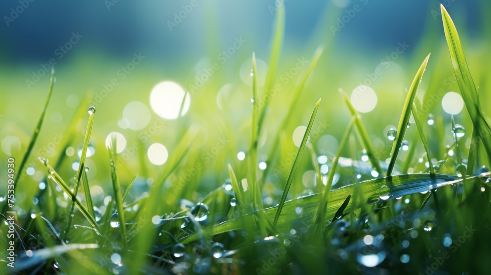 Soft-focus morning dew on grass, serene with top copy space
