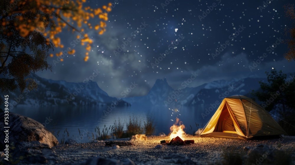 Enjoy the serene ambiance of a campfire and tent under a starry night sky. - obrazy, fototapety, plakaty 