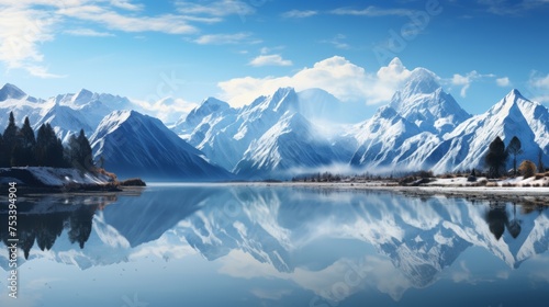 Snow-capped mountains reflecting in a lake, sky area for text