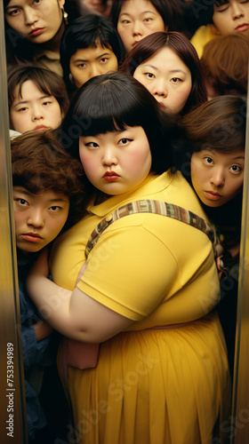 Crowded Elevator Scene with People of Various Expressions

