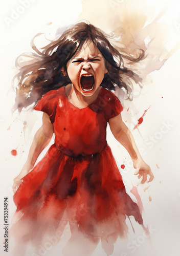 Expressive Watercolor Painting of a Screaming Child in a Red Dress

