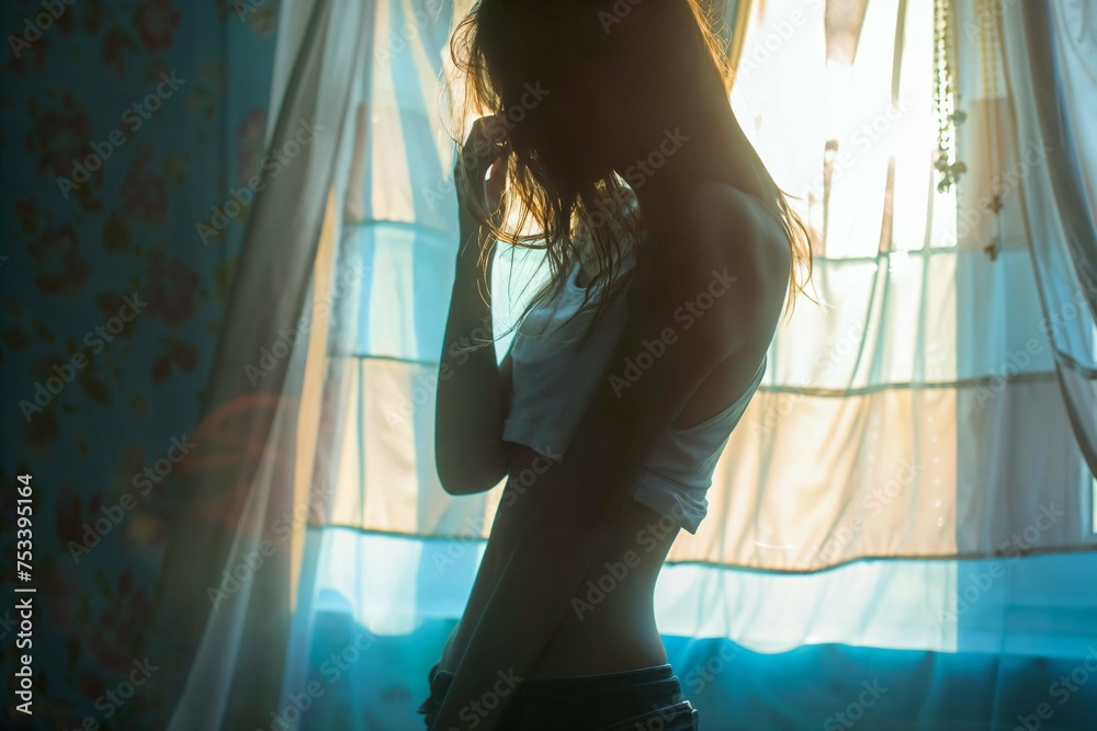 A photo of a beautiful woman with a healthy and slim figure standing next to a window in the morning - obrazy, fototapety, plakaty 