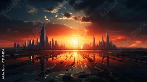 Sunrise over a futuristic city skyline with copy space