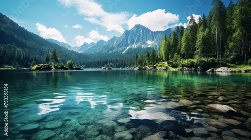 Tranquil lake reflection, clear water with bottom copy area