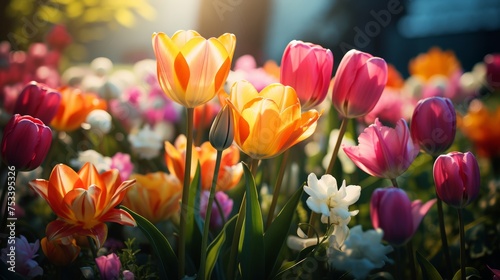 Vibrant tulips in bloom, colorful garden with upper space