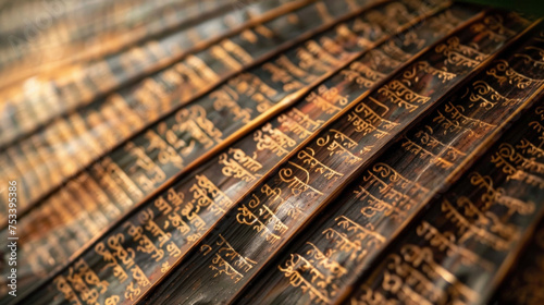 A closeup of a palm leaf mcript displaying finely written Sanskrit text that outlines various Ayurvedic techniques and practices. photo