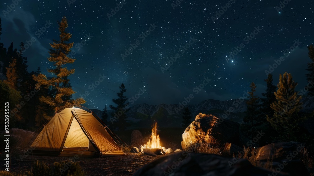Enjoy the serene ambiance of a campfire and tent under a starry night sky.