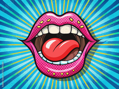 Pop Art Vector Speaking Magenta Lips Tongue Stick  6 