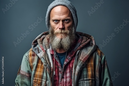 Portrait of an old man with a long beard and mustache wearing a plaid shirt and a hat over grey background