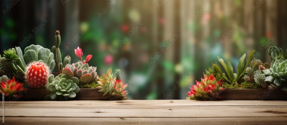 Cactus plant on wooden surface with garden backdrop