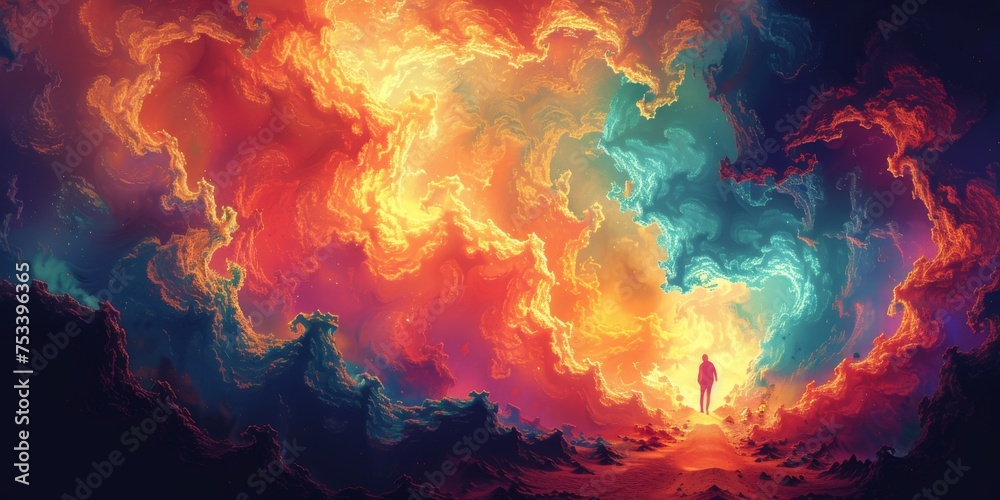 Vivid Interstellar Clouds: A Person Gazing into the Abyss of a Colorful Cosmic Phenomenon