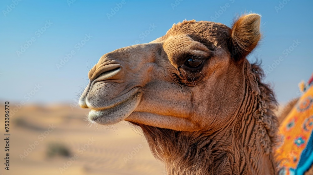 Obraz premium Vibrant camel's face with the expansive desert landscape in the background.