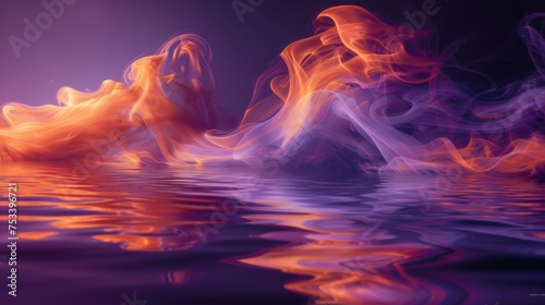 Rich purple and fiery orange smoke, swirling in a dance over a glassy lake