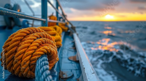 Vibrant coiled fishing net on the deck of a boat, sea and horizon in soft focus