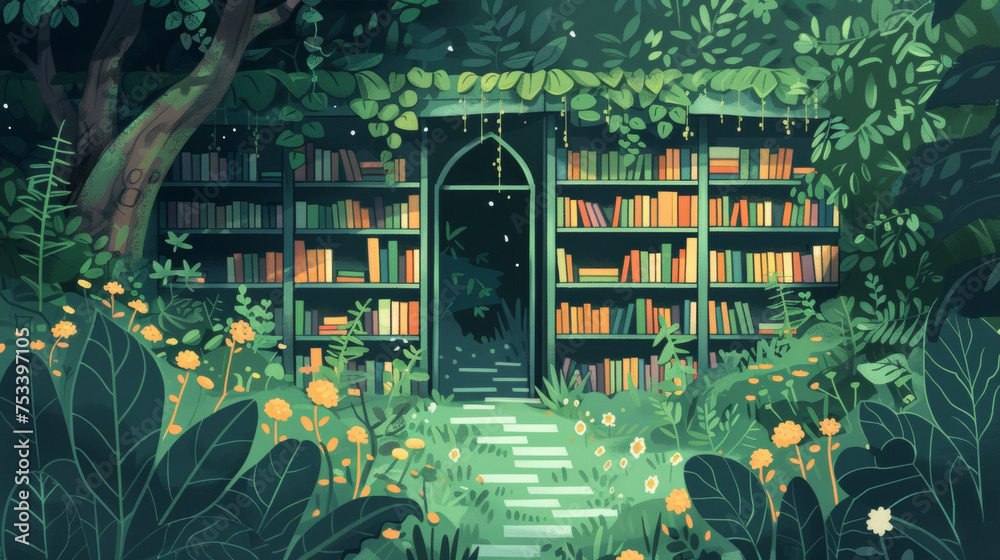 A mystical bookstore surrounded by lush greenery with a garden path that leads to a secret garden filled with enchanted books. - obrazy, fototapety, plakaty 