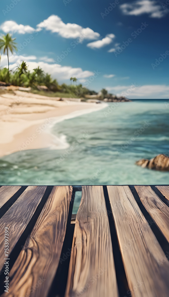 Tropical beach view from wooden pier, clear blue water and white sand, vacation concept.
