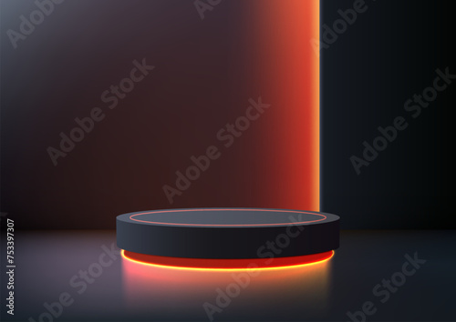 3D black podium with a red stripe illuminated by an orange neon light in a dark room background