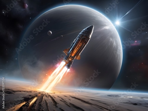 Spacecraft Launch amidst Starlit Sky,Spaceship and moon hover above a serene landscape, where the night sky meets the gentle glow of stars and the luminous presence of the moon, casting a spellbinding