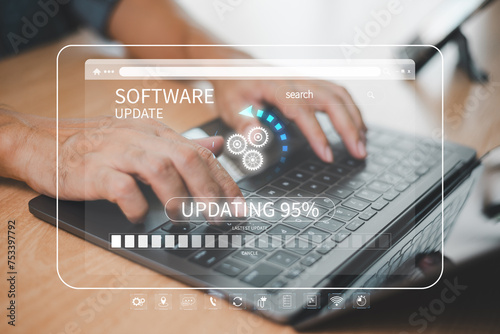 Update software system concept. Upgrade installation business app and software update process on computer laptop. User download install data function technology. Developer release new version security