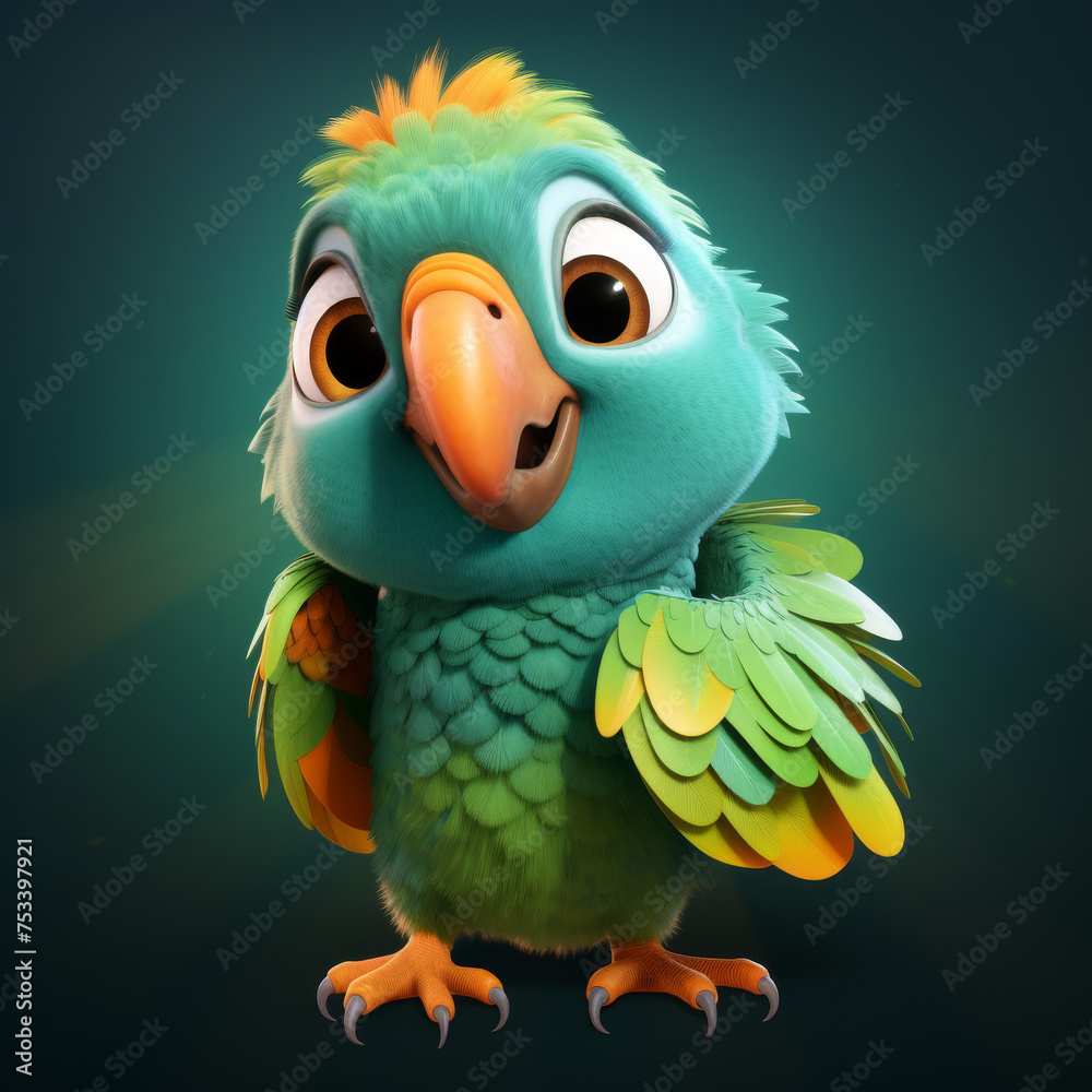 Adorable Cartoon Parrot with Expressive Eyes on Blue Background

