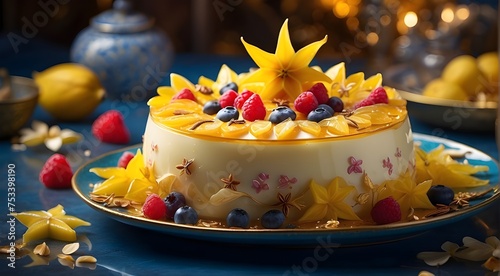 "Immerse yourself in the delectable world of Julian Amador with a stunning 8K ultra-realistic food photograph featuring a starfruit and vanilla ice dessert. Let the intricate details and vibrant color