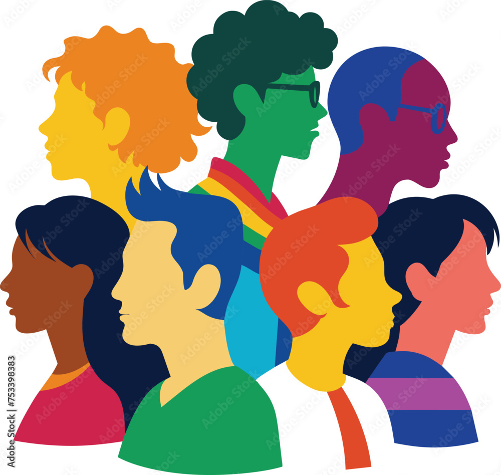 Silhouettes of people, men, women as an end to the inclusiveness of the lgbtq community, pride, rainbow colors. Vector stock illustration with homosexuals isolated