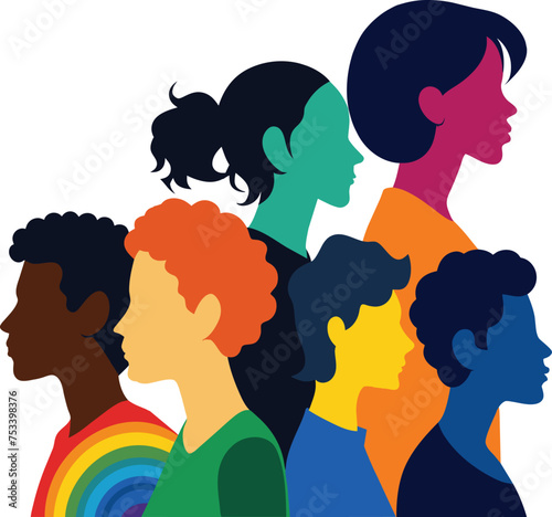 Silhouettes of people, men, women as an end to the inclusiveness of the lgbtq community, pride, rainbow colors. Vector stock illustration with homosexuals isolated