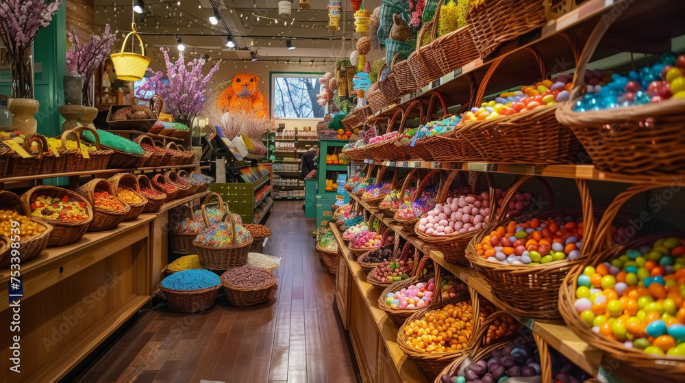 Scattered throughout the store are strategicallyp baskets filled with candies ready to be taken home to fill Easter baskets.