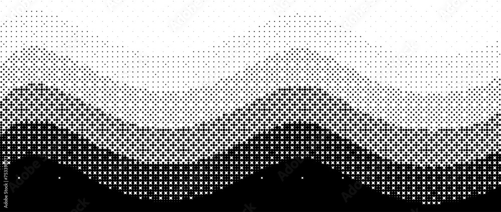 Pixelated wave line gradient texture. Black dithered gradation background. Retro bitmap video game wallpaper. Vintage undulate pixel halftone 8 bit overlay print. Vector wiggly striped fading backdrop - obrazy, fototapety, plakaty 