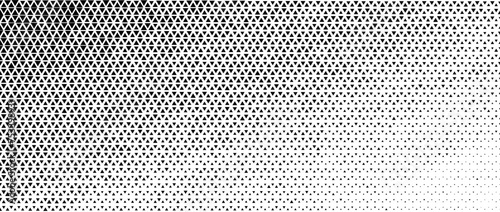 Hexagon halftone fading gradient texture. Abstract black grain grunge gradation background. Vanishing honeycomb grunge overlay. Geometric retro tech wallpaper. Hexagonal pattern backdrop. Vector