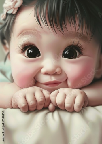 baby big eyes flower hair smiling playfully staring directly professional cartoon close looking asian face happy human pencil drawing chinese large cute