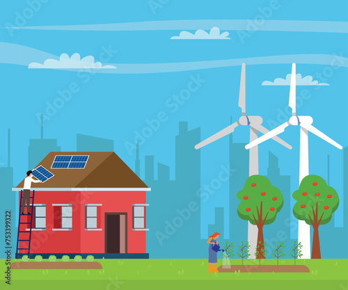 Solar cell team service house installation - renewable green energy flat vector illustration