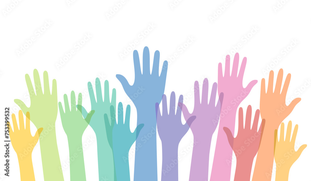 Colorful hand up vector. People raise hands in flat design on white background.