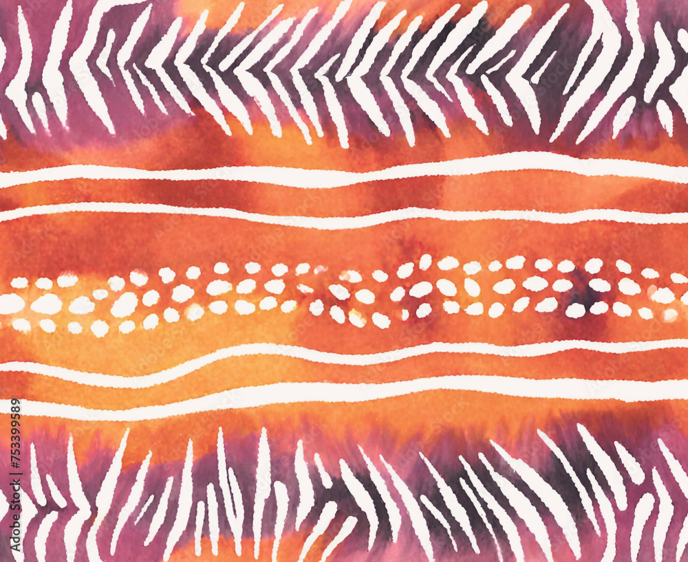 Abstract tribal watercolor  background with a brush marker and pencil drawing strokes in brown and gold