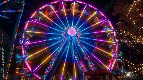 The Ferris wheels lights change colors as it turns creating a mesmerizing and whimsical display.