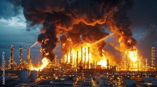 Major fire at an industrial oil refinery. Powerful explosion with black smoke cloud.