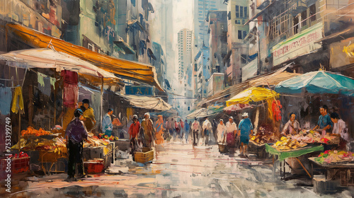 market area painting, local asian cityscape, local markets painting