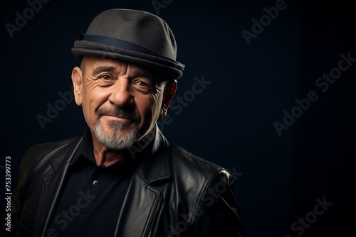Portrait of an old man with hat and leather jacket on black background