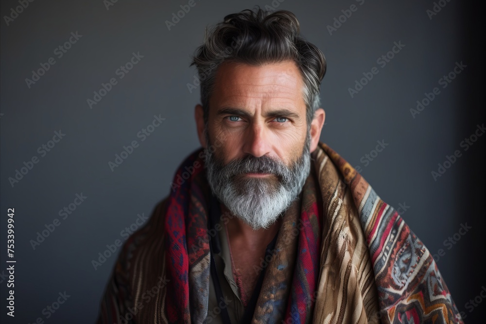 Portrait of a senior man wrapped in a shawl. Portrait of a senior man wrapped in a shawl.