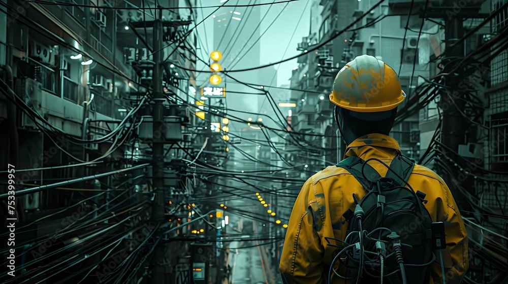 Fototapeta premium Engineers stand and look at the old city, with old buildings and electrical wires all over the place, undeveloped city