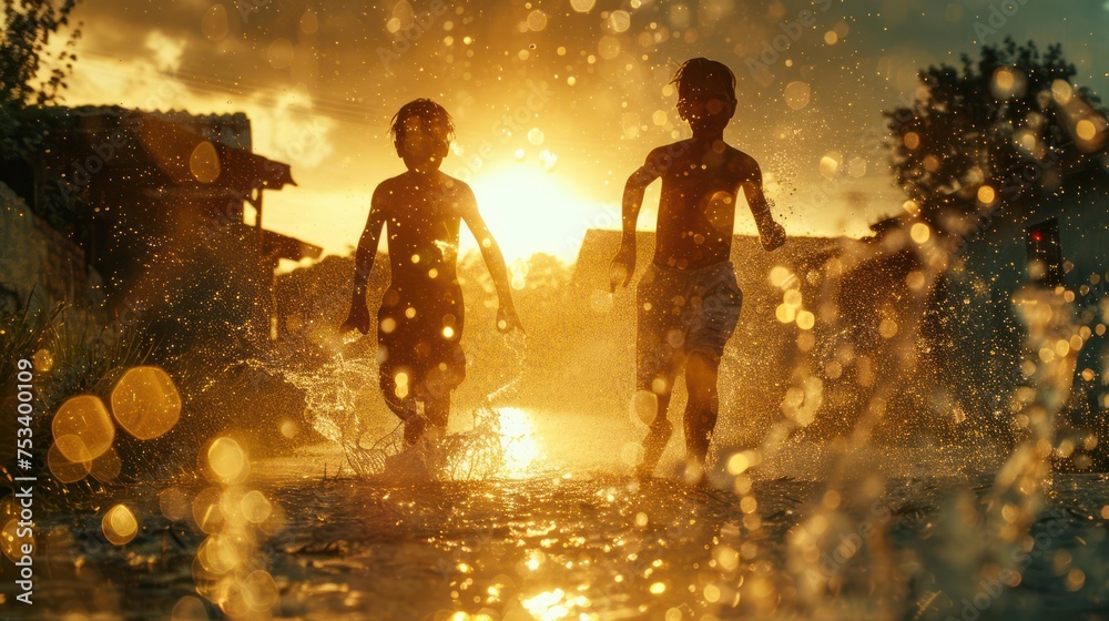 Two boys, not wearing shirts, were playing football on a wide dirt field in the rain with the sun shining beautifully,childhood sports concept - obrazy, fototapety, plakaty 