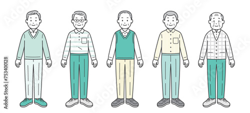 カジュアルな服装の高齢男性のセットイラスト