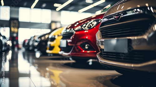 A vibrant lineup of sports cars with a focus on a red car's front. The blurred background shows various colorful cars arranged in a row © Lena_Fotostocker